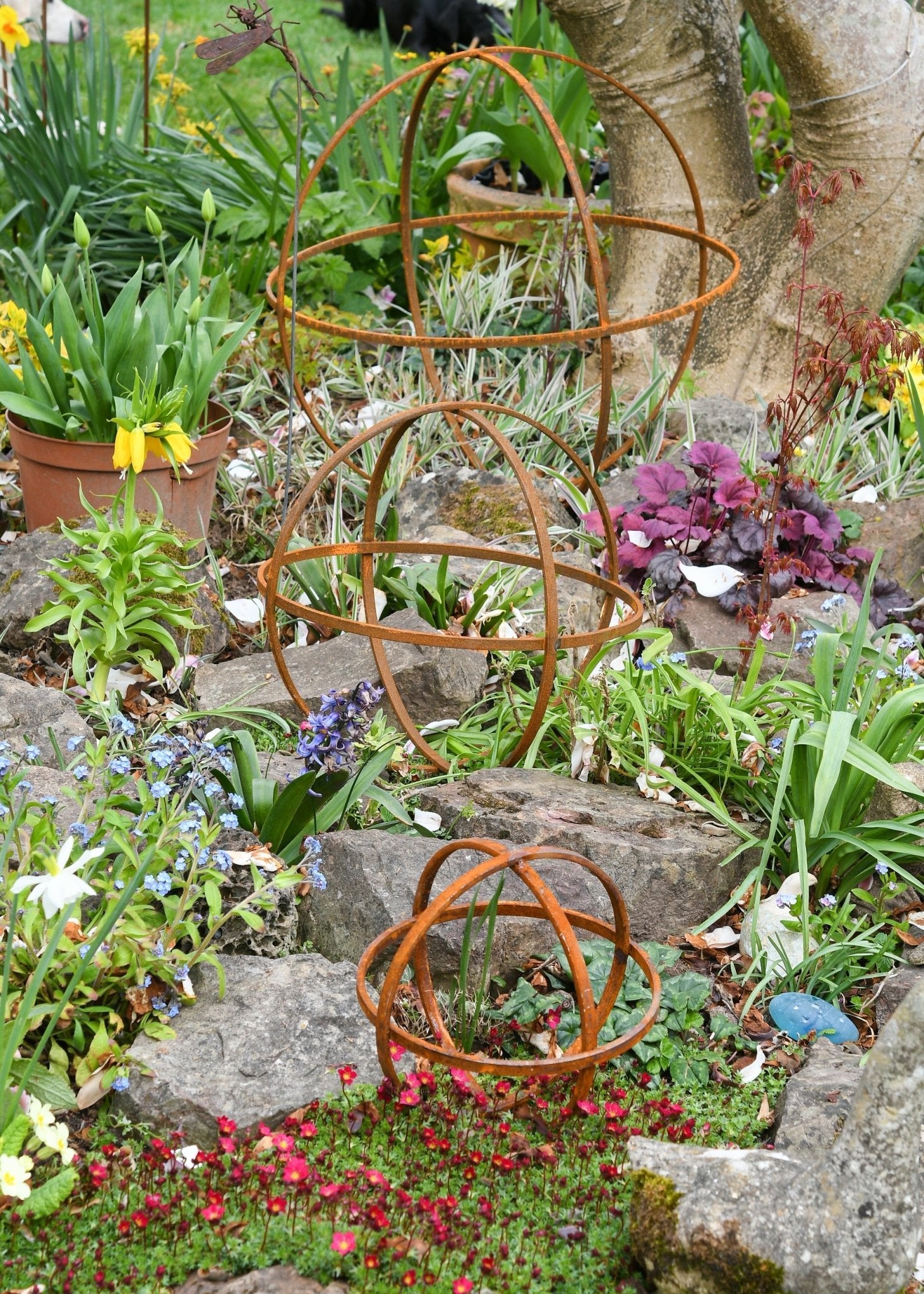 Whispering Garden Sphere Trio – Rusted Steel Sculptures - The Timeless Trading Co.