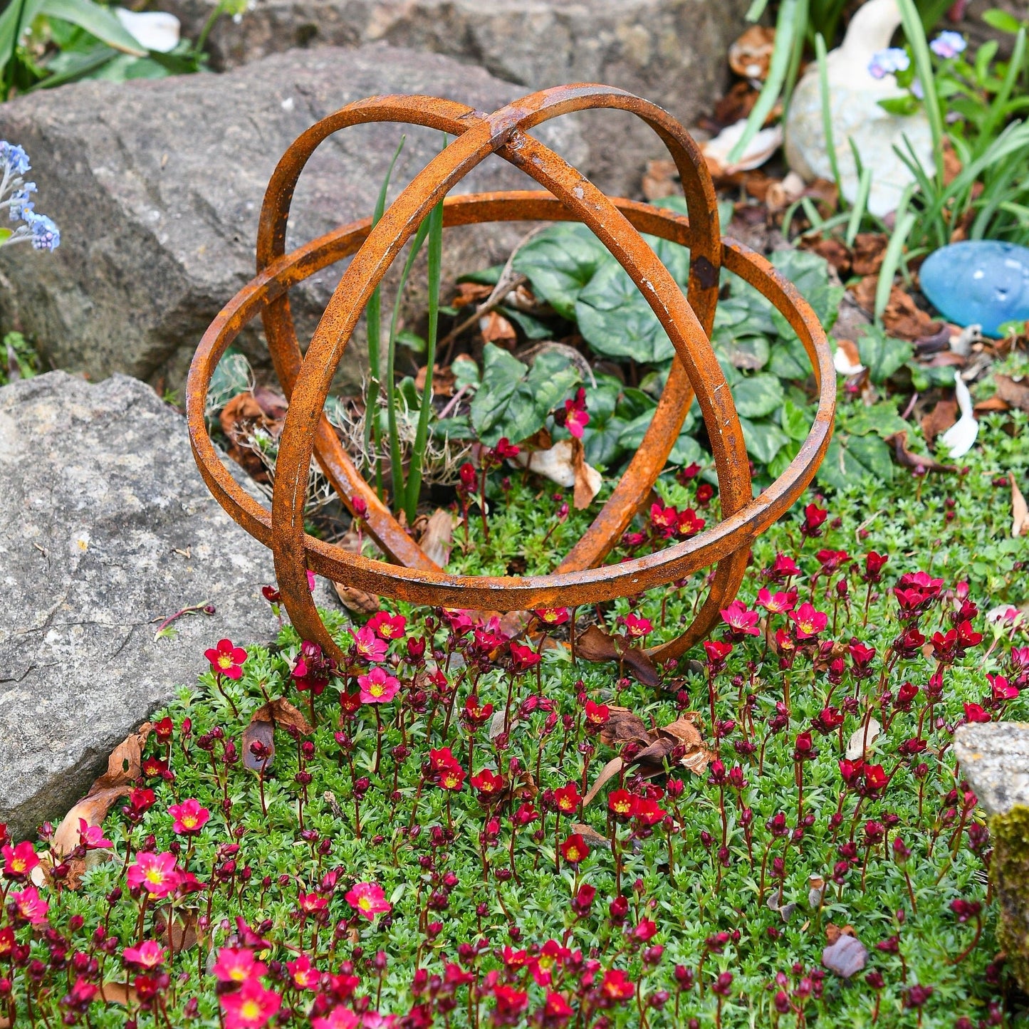 Whispering Garden Sphere Trio – Rusted Steel Sculptures - The Timeless Trading Co.