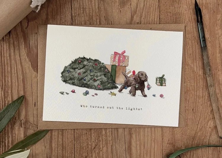 Who Turned Out The Lights – Puppy Christmas Card - The Timeless Trading Co.