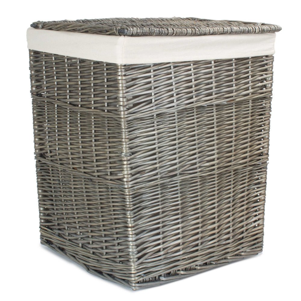 Large Wickham Keeper laundry basket in antique wash finish with white cotton lining – square handwoven storage with heritage-inspired elegance