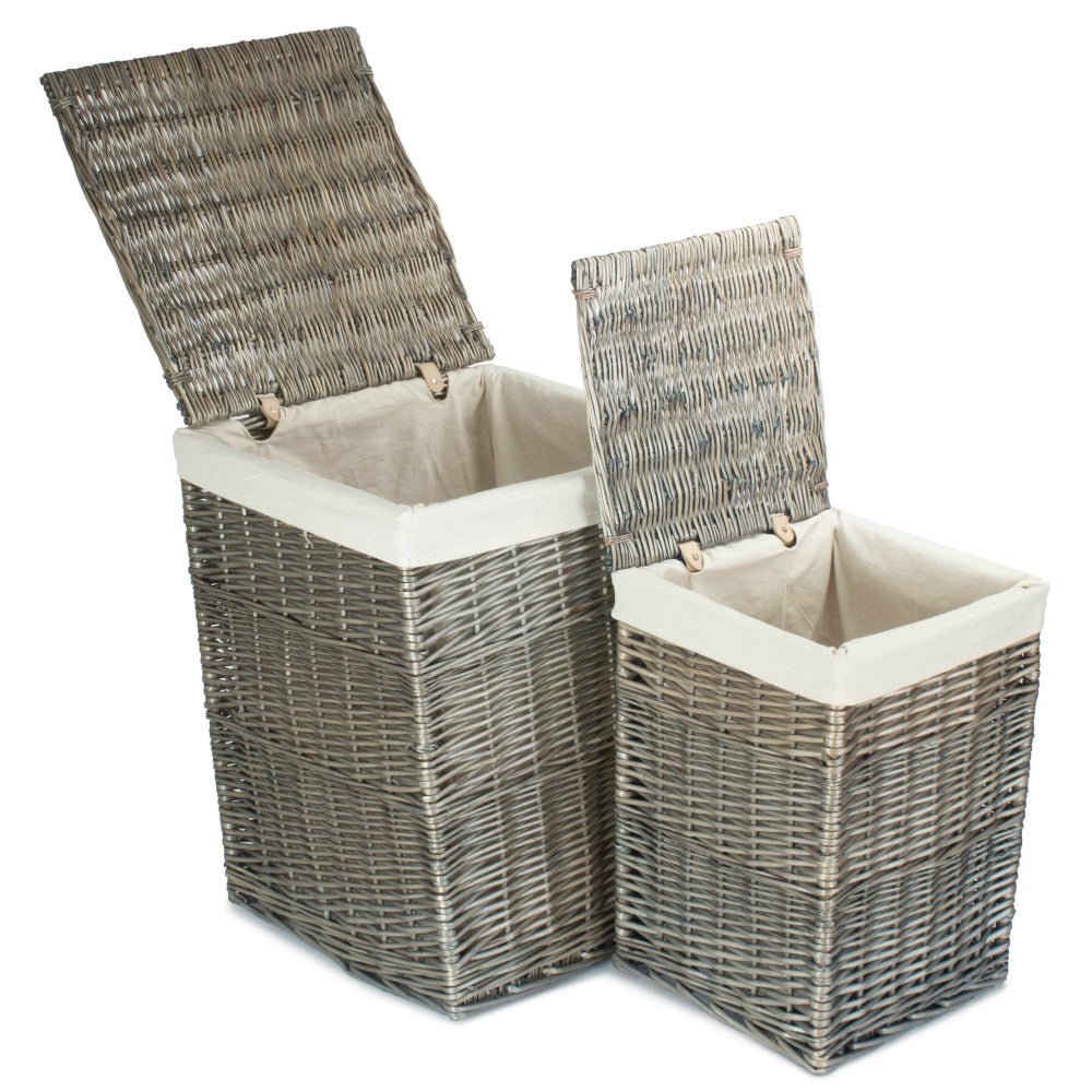 Set of two Wickham Keeper laundry baskets with lids open showing white cotton-lined interiors – square antique wash wicker storage with heritage charm