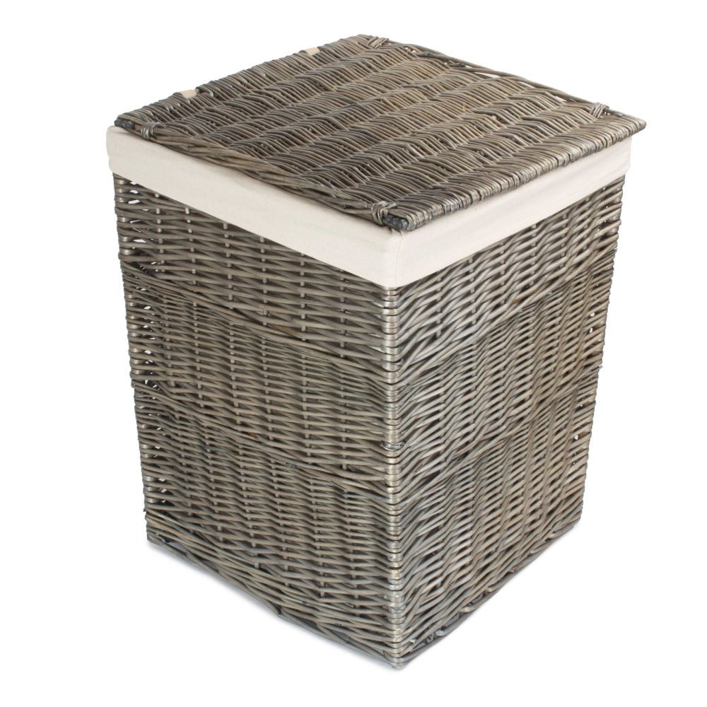 Small Wickham Keeper laundry basket in antique wash finish with white cotton lining – square handwoven storage for heritage-inspired homekeeping