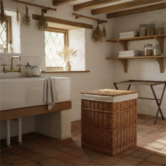 Willow laundry chest square with cream lining in utility room with butler sink, terracotta floor and clothes horse