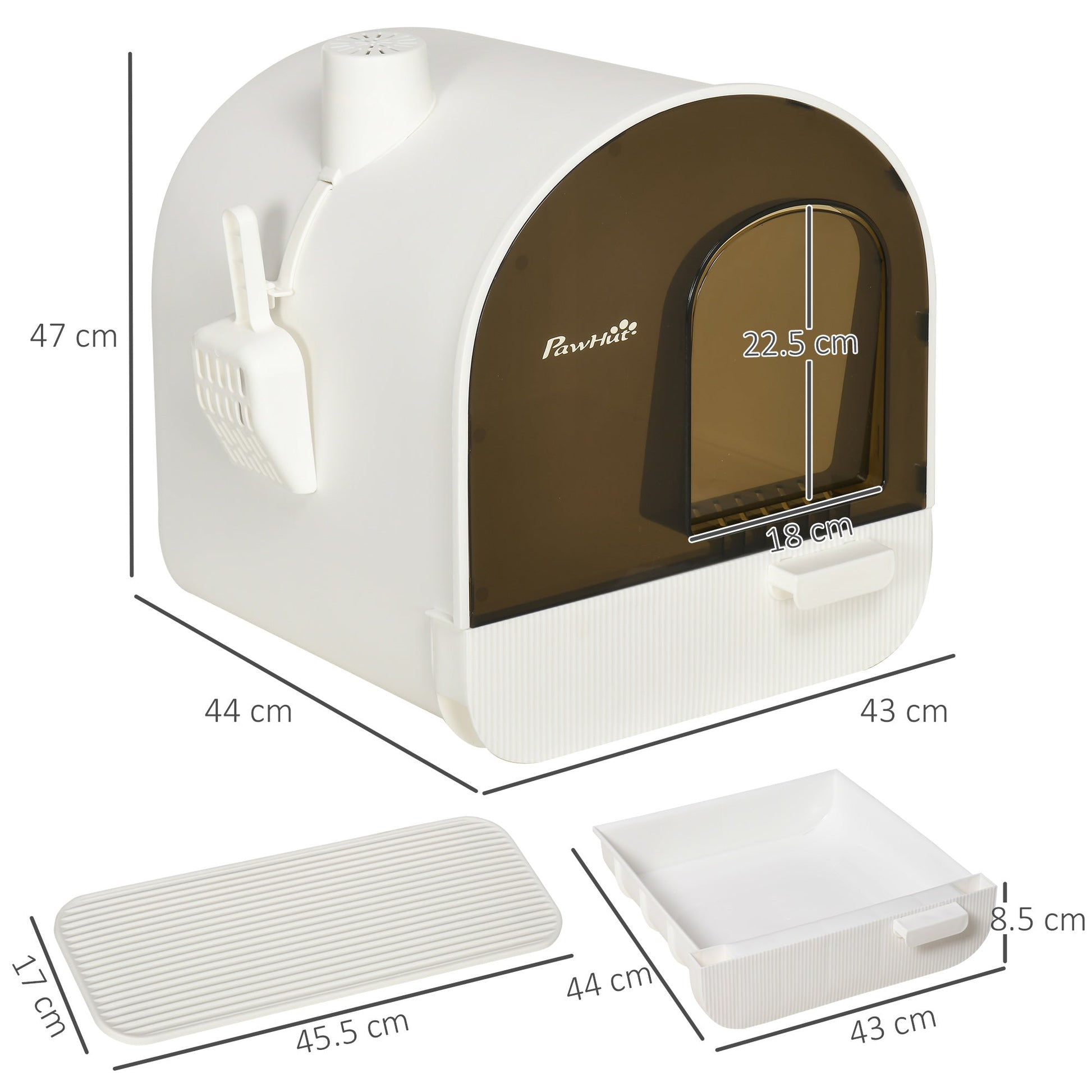 The Willow Whiskers Hooded Cat Litter Box – annotated diagram showing overall dimensions of enclosed litter tray with lid, scoop, filter, and flap door