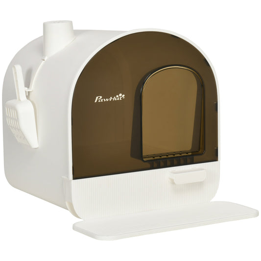 The Willow Whiskers Hooded Cat Litter Box – enclosed white litter tray with lid, scoop, filter, and flap door, shown on a blank background for clean product view