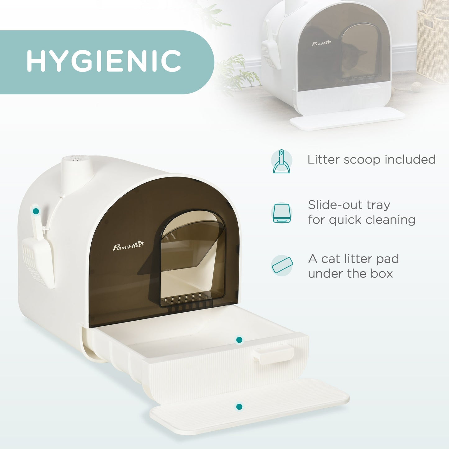 The Willow Whiskers Hooded Cat Litter Box – enclosed white litter tray with removable scoop, odour-control filter, and easy-clean design shown in detail