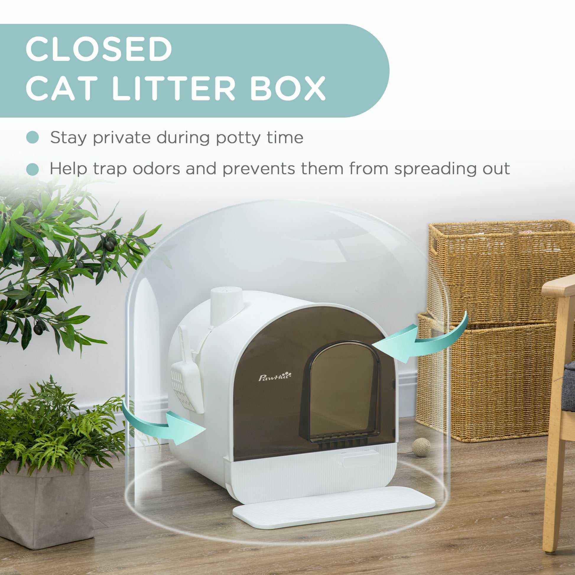 Side view of the Willow Whiskers Hooded Cat Litter Box – enclosed white litter tray with lid, scoop, filter, and flap door, shown on a blank background