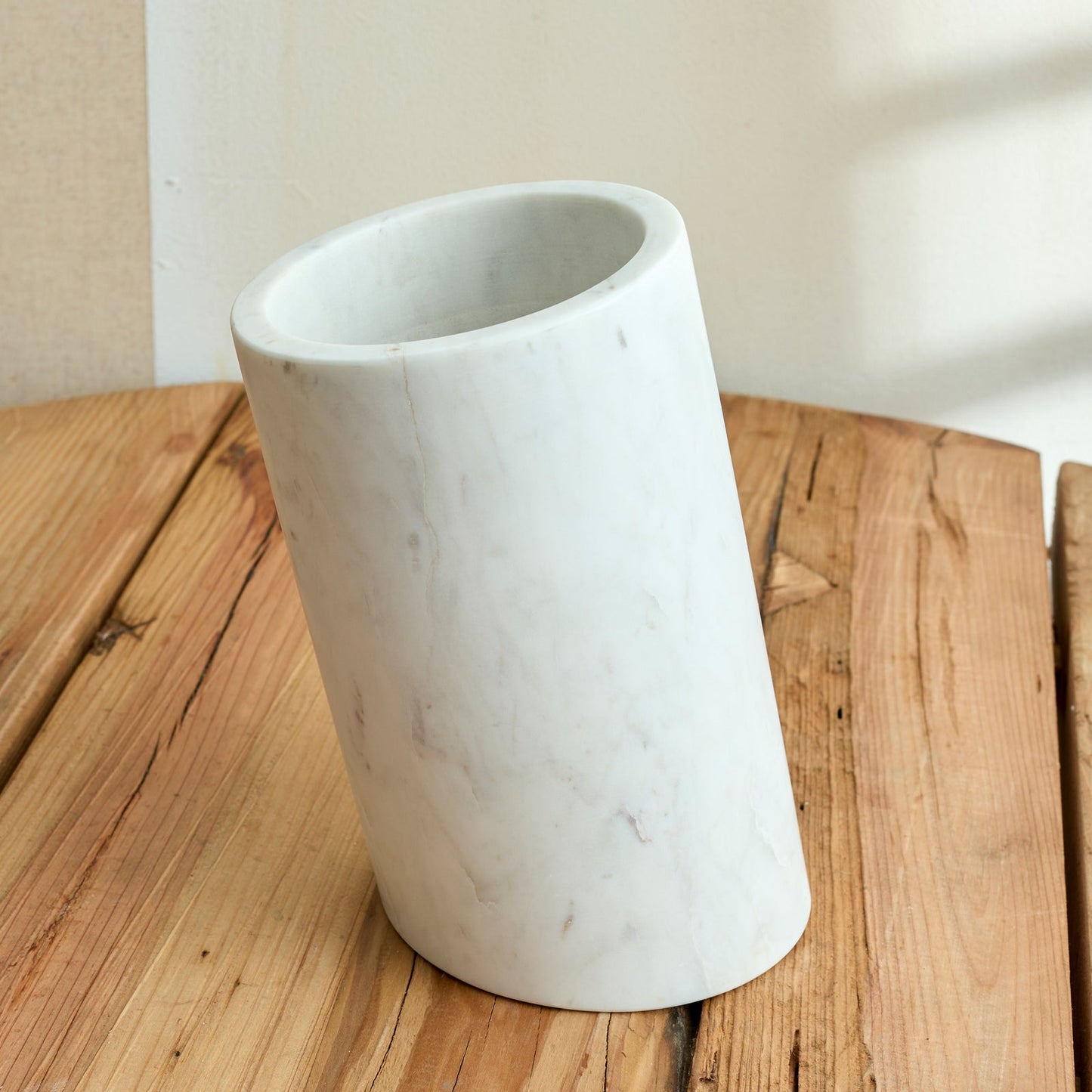 Winsford Marble Wine Holder – close-up of handcrafted white marble with natural veining, highlighting sculptural texture and timeless hosting elegance