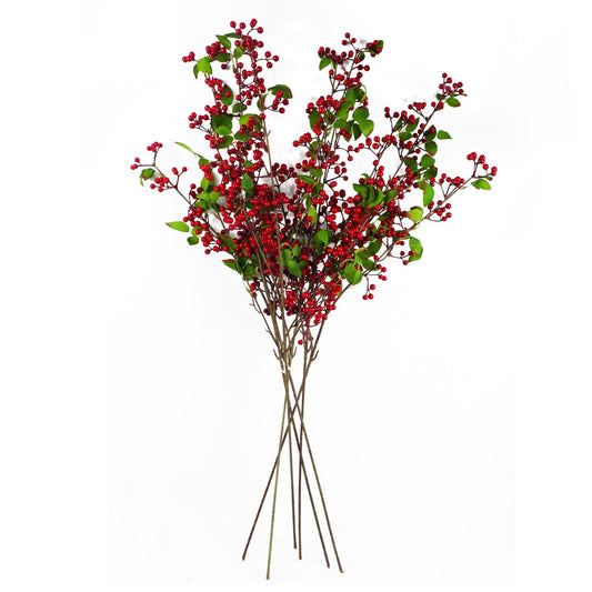 Set of six redberry and foliage stems, 80cm tall, heritage-inspired festive decor in rustic red and green tones, flexible wire for seasonal styling
