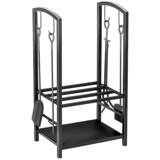 Woldbury Fireset log rack in matte black steel with four tools; compact elevated hearthside storage shown on blank white background.