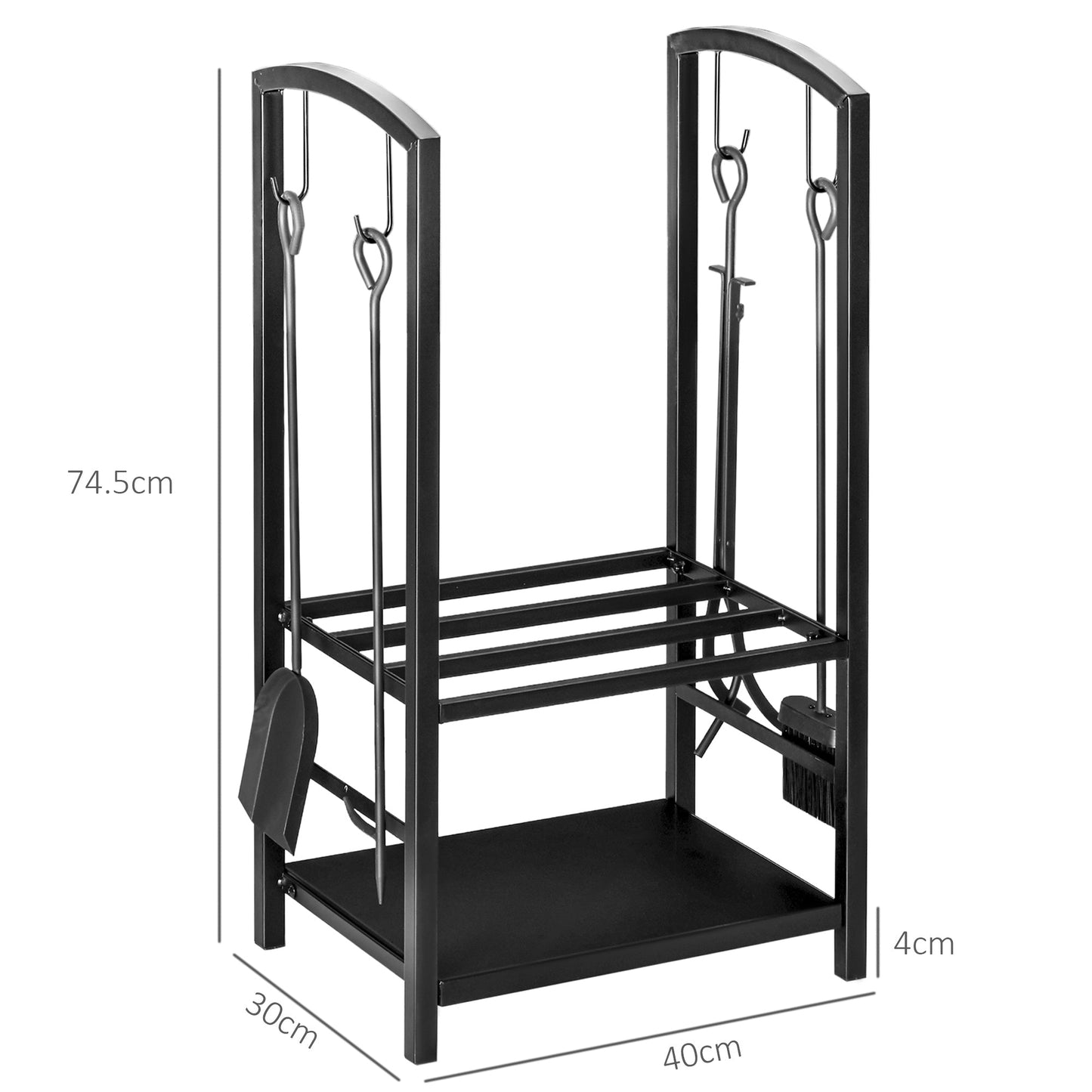 Woldbury Fireset log rack in matte black steel with labelled dimensions; compact elevated hearthside storage with tools and countryside styling.