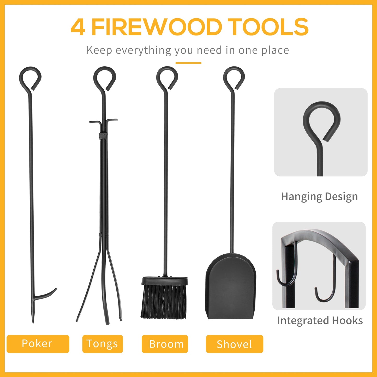 Woldbury Fireset log rack in matte black steel with four fireside tools—poker, tongs, brush, and shovel—styled for hearthside charm.
