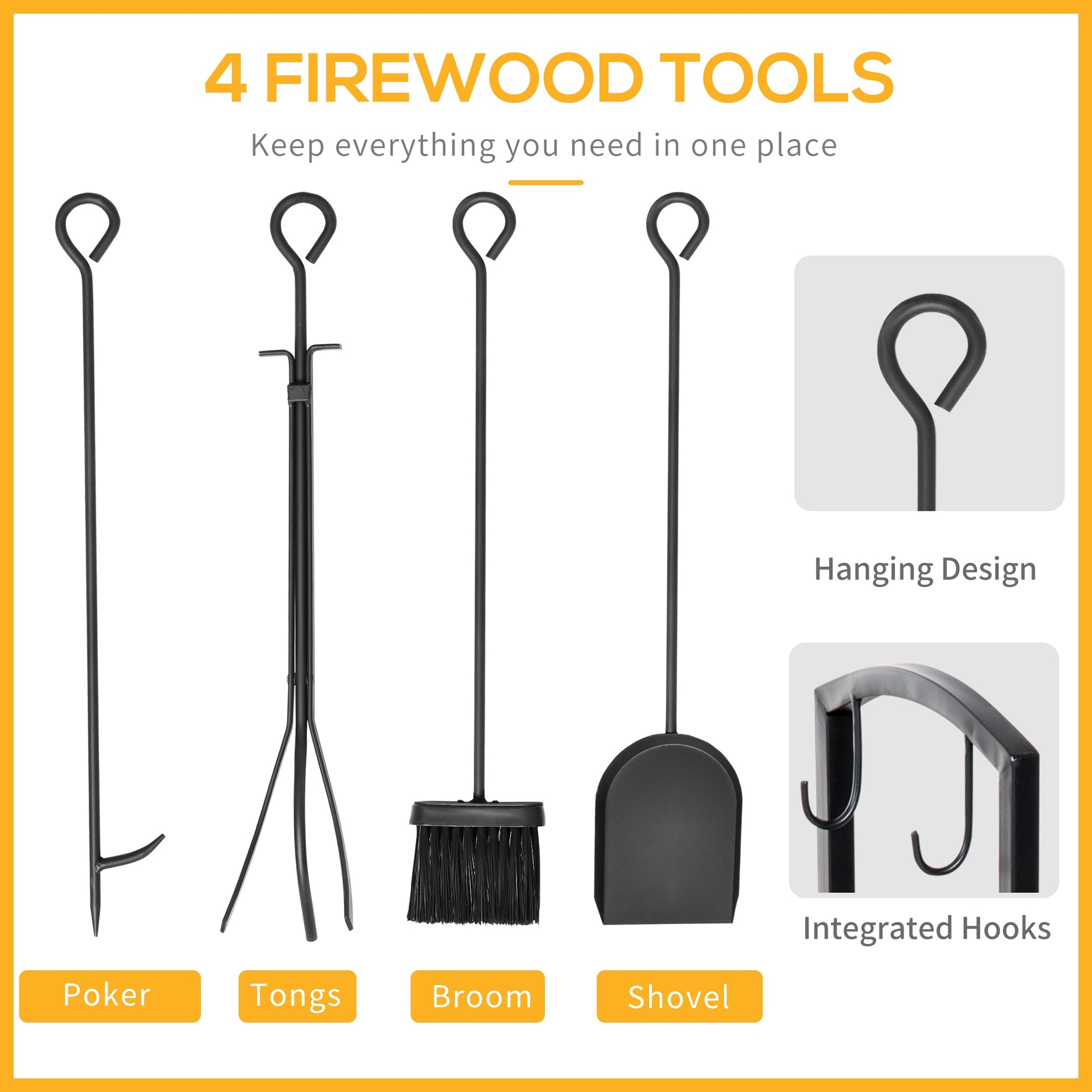 Woldbury Fireset log rack in matte black steel with four fireside tools—poker, tongs, brush, and shovel—styled for hearthside charm.