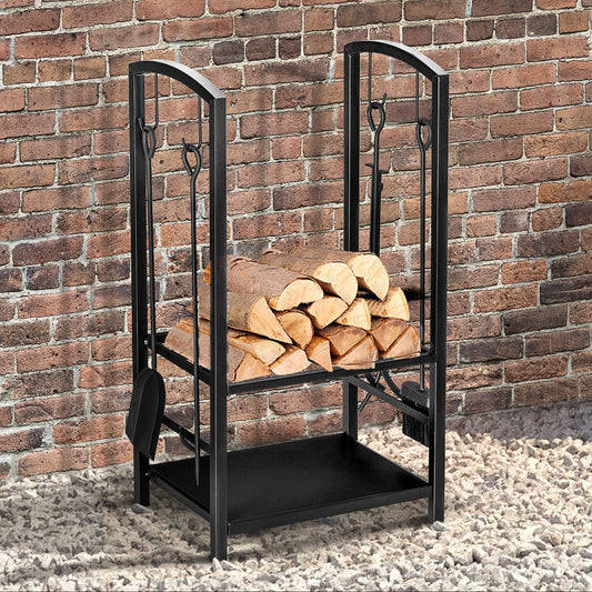 Woldbury Fireset log rack in matte black steel with four tools; compact hearthside storage with elevated base and countryside styling.