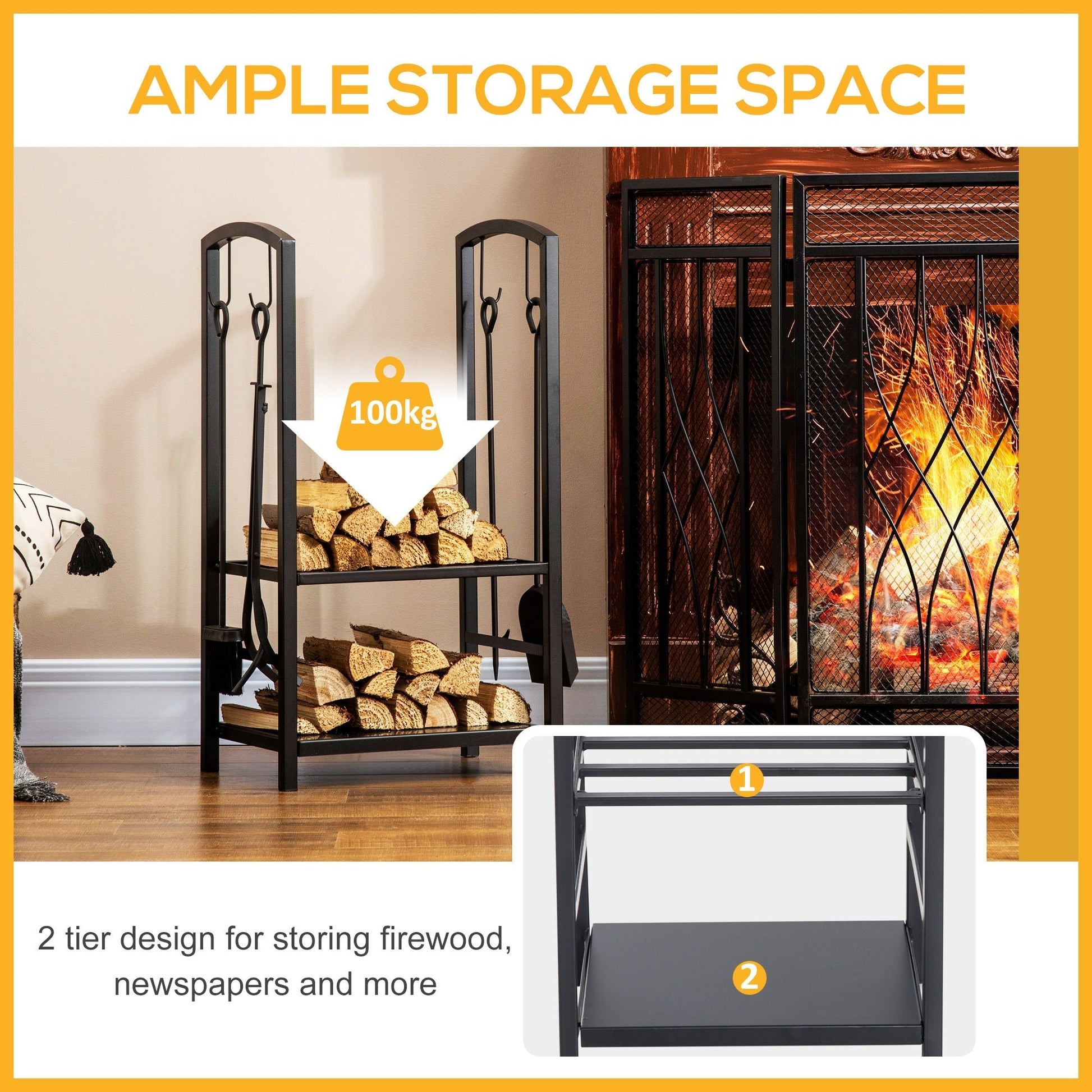 Woldbury Fireset log rack in matte black steel filled with stacked firewood; spacious two-tier hearthside storage with tools and timeless styling.