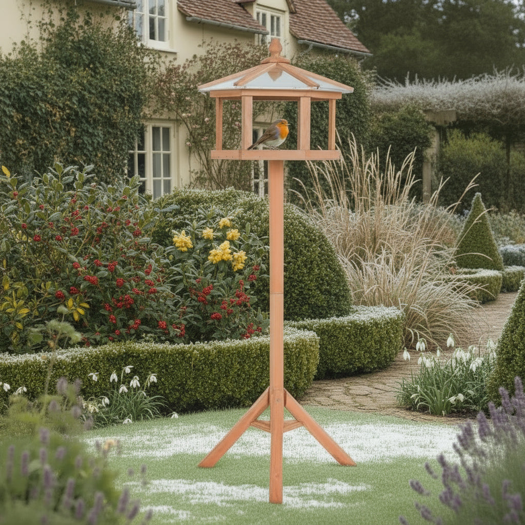 Wooden bird feeder stand in frosty country garden, natural fir table inviting birds to feed and rest in winter’s quiet beauty
