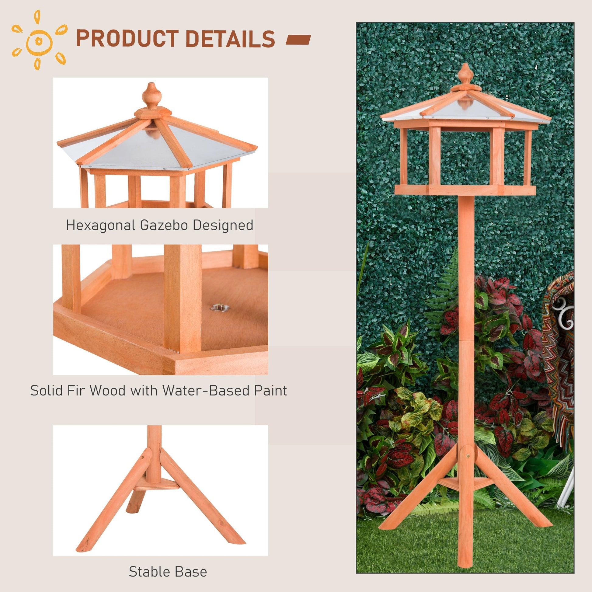 Wooden bird feeder stand with pitched roof and open tray, natural fir design for rustic garden feeding and seasonal wildlife charm