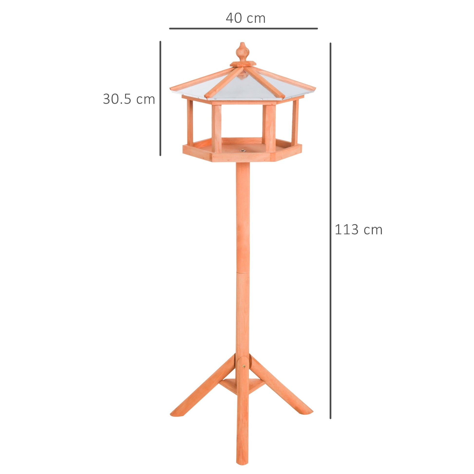 Dimensions of wooden bird feeder stand in natural fir, approx. 44.5" H × 15.7" W × 15.7" D, rustic freestanding garden feeding table