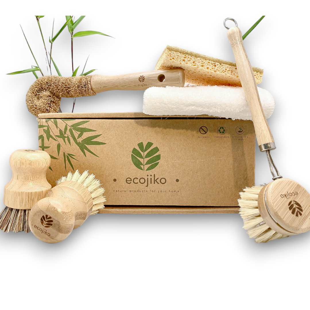 Complete wooden dish brush gift set in kraft box with bamboo brush, natural sponge and cotton cloth styled for rustic kitchen gifting