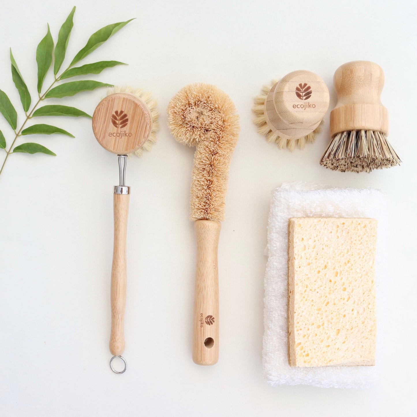 Eco wooden dish brush gift set with bamboo handle, natural cloth and sponge with rustic kitchen styling