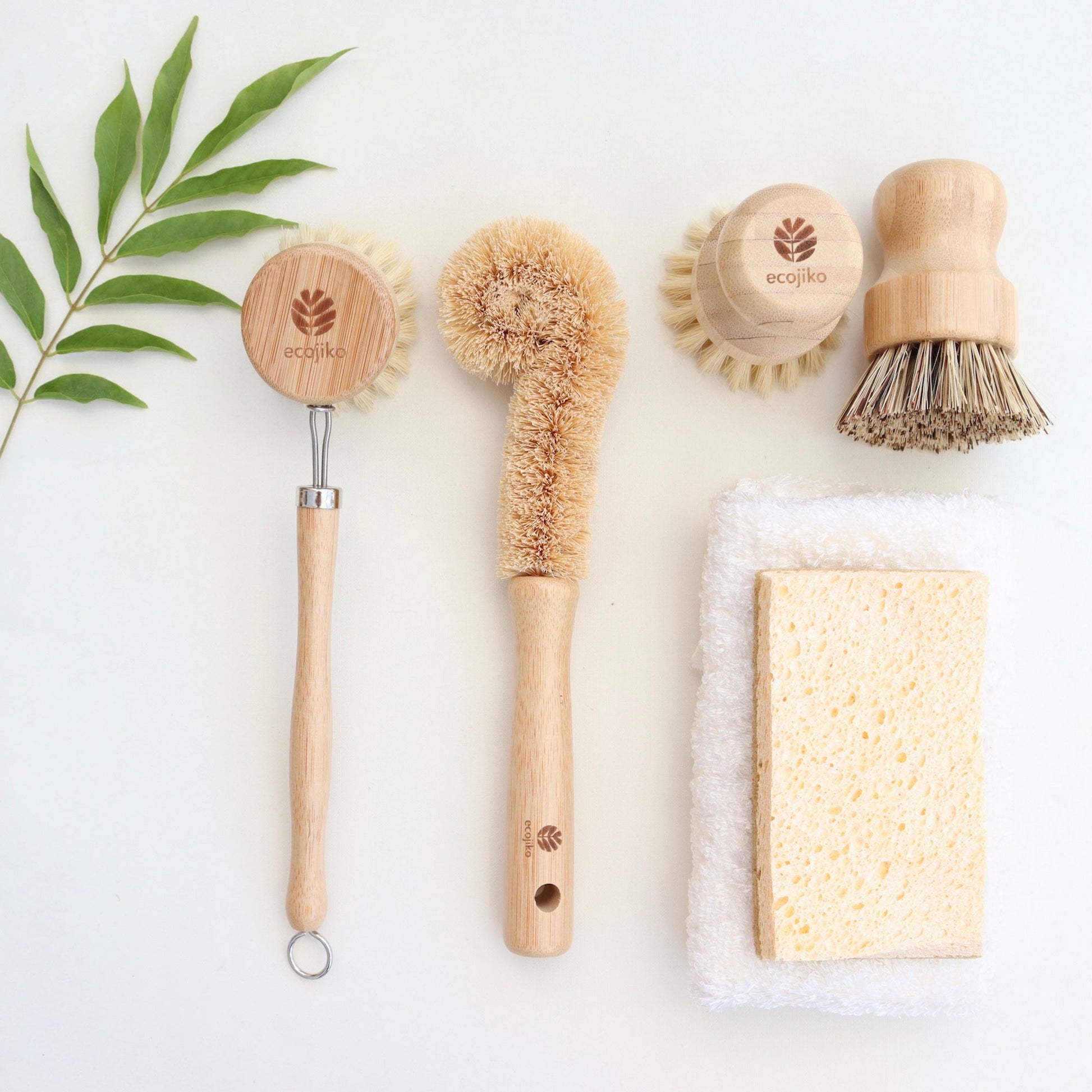 Eco wooden dish brush gift set with bamboo handle, natural cloth and sponge with rustic kitchen styling