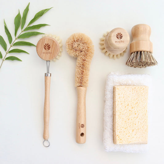 Eco wooden dish brush gift set with bamboo handle, natural cloth and sponge with rustic kitchen styling