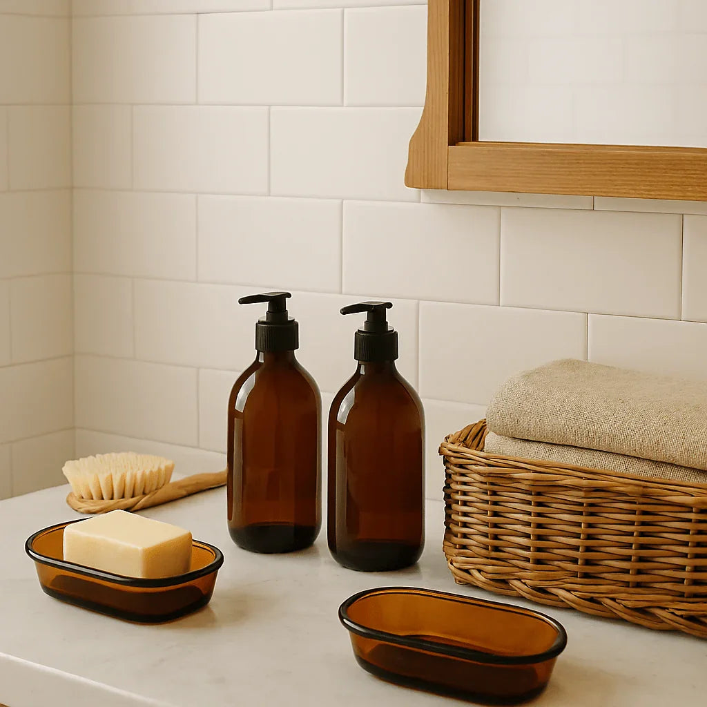 Bathroom countertop with amber glass soap dishes, amber pump bottles, wicker basket and folded towels