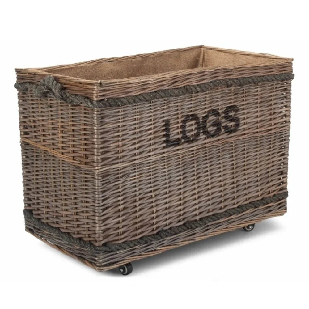 large rectangular woven willow log basket with wheels and rope accents for firewood storage