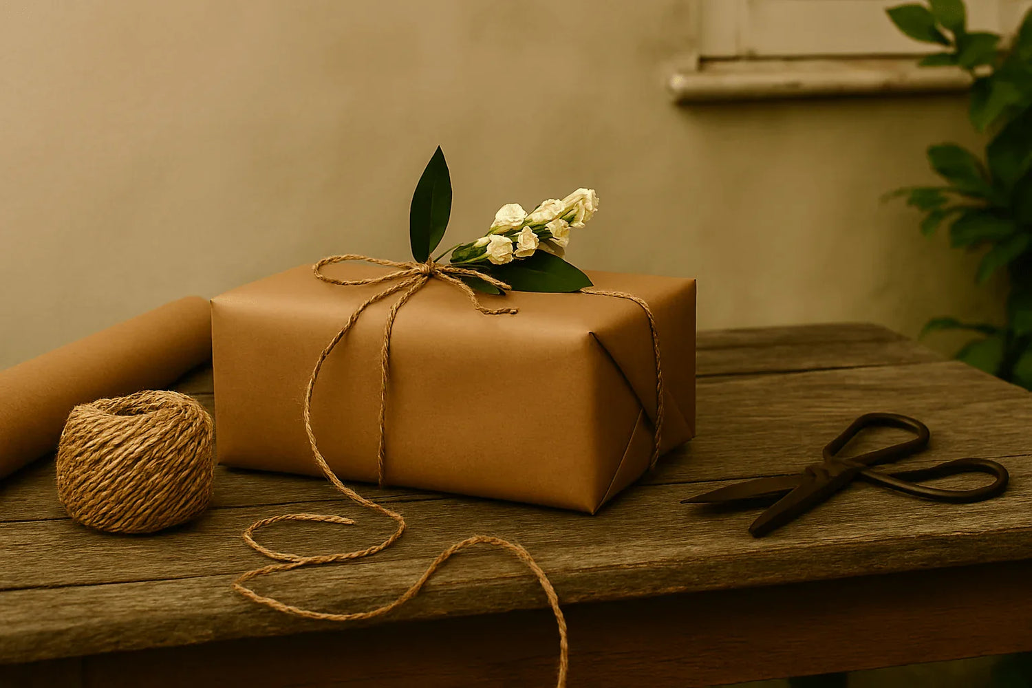 Gift wrapped in brown paper with twine and white flower on rustic wooden table with scissors and twine roll