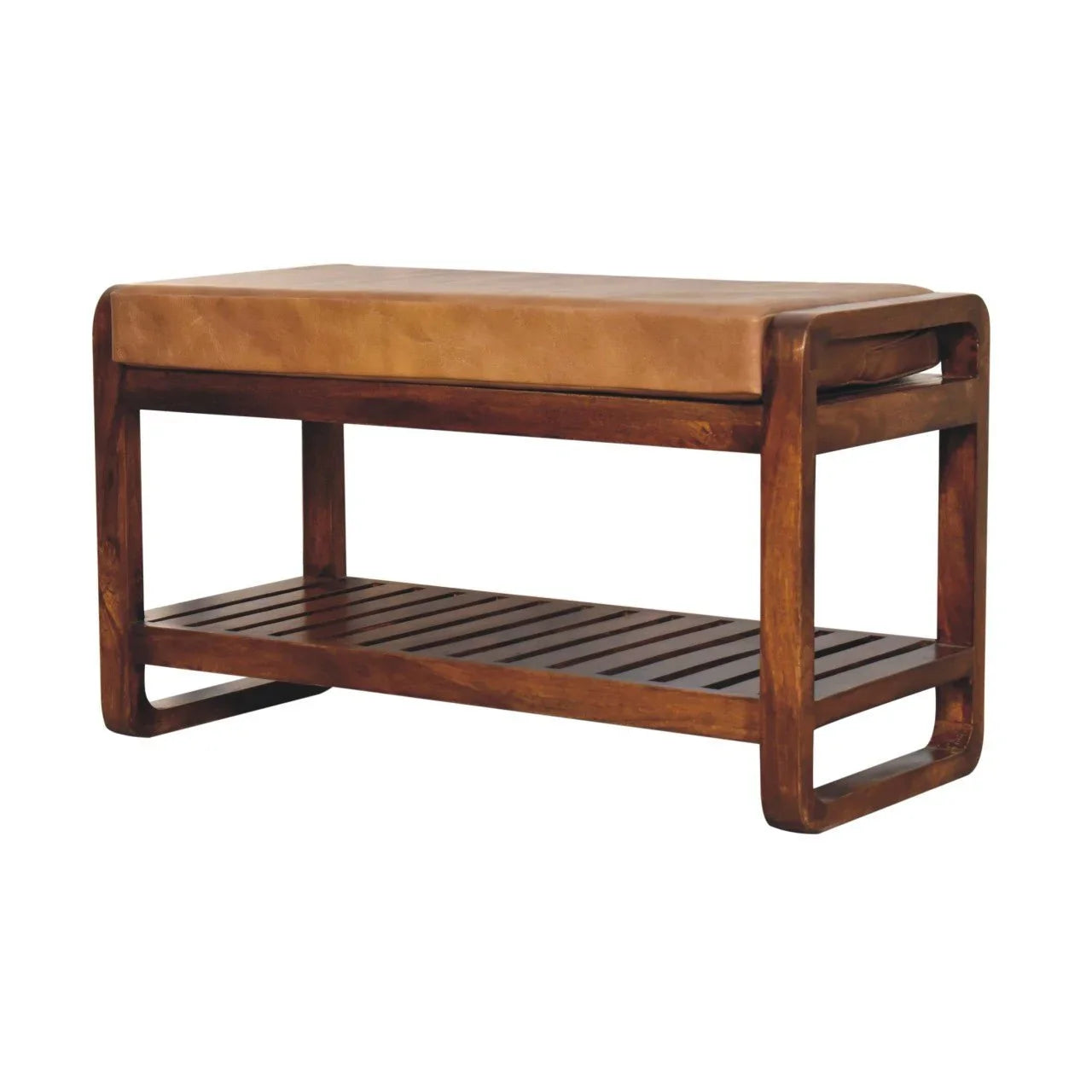 Wooden hallway bench with tan leather cushioned seat and slatted bottom shelf