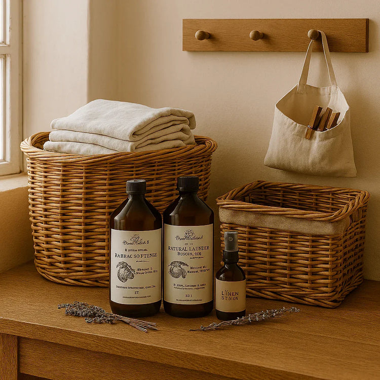 Wicker laundry baskets with folded linen, natural detergent bottles, and hanging cloth bag with wooden clothespins