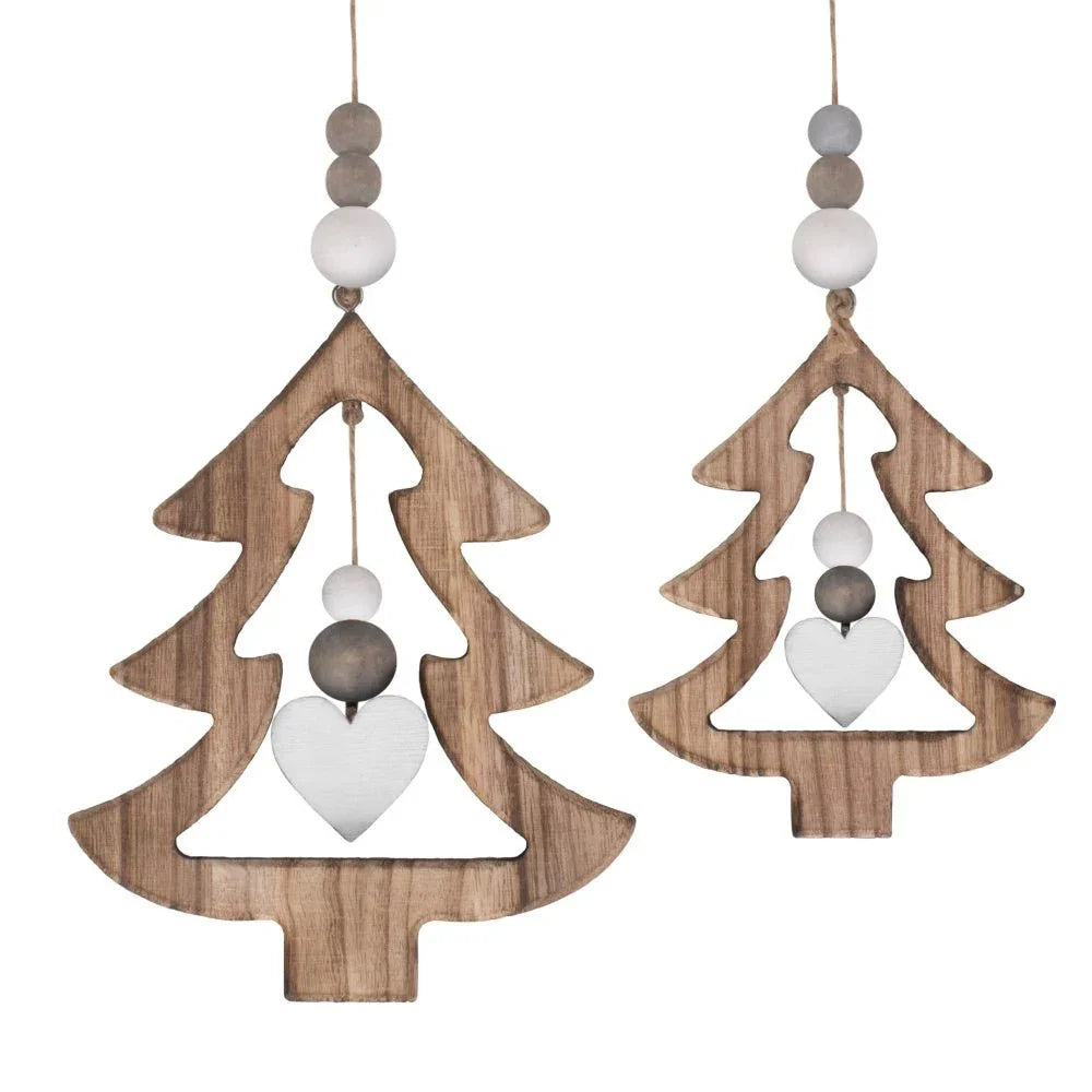 Two rustic wooden Christmas tree ornaments with hanging white heart and beads decor