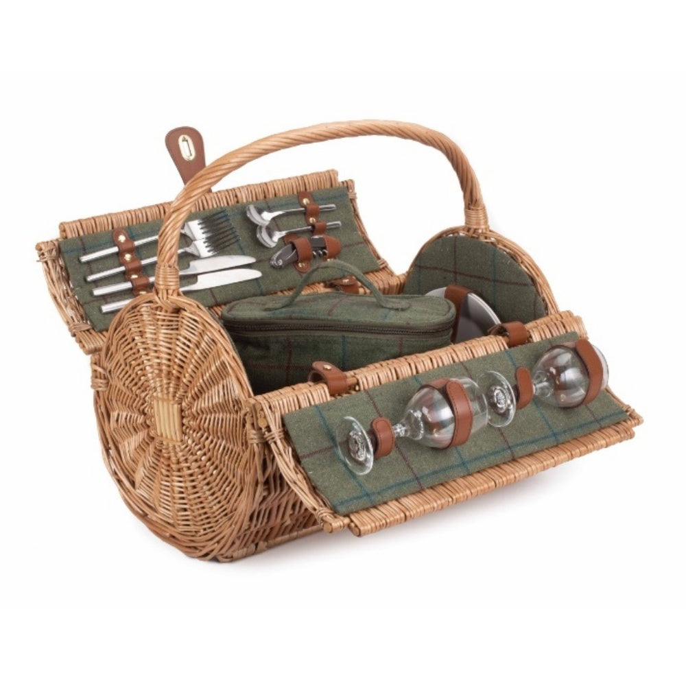 Two person green tweed wicker picnic basket fully fitted displayed on blank background
