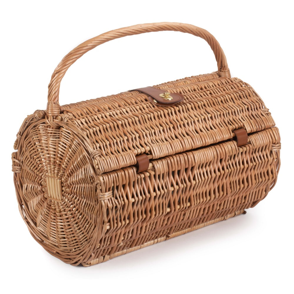 Two person green tweed wicker picnic basket fully fitted closed on blank background
