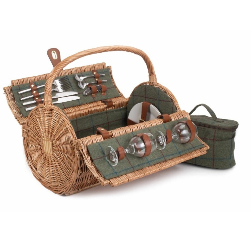 Two person green tweed wicker picnic basket fully fitted with cool bag out on blank background
