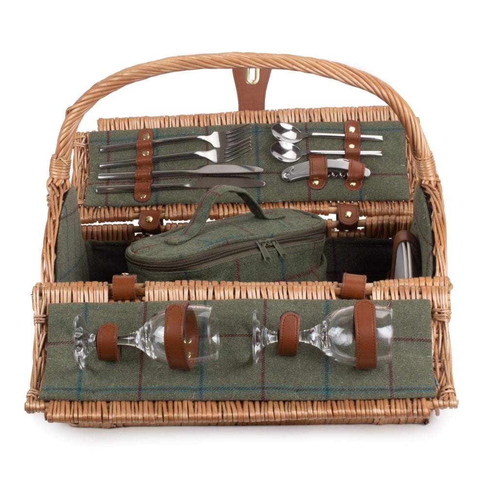 Inside view of two person green tweed wicker picnic basket fully fitted with accessories
