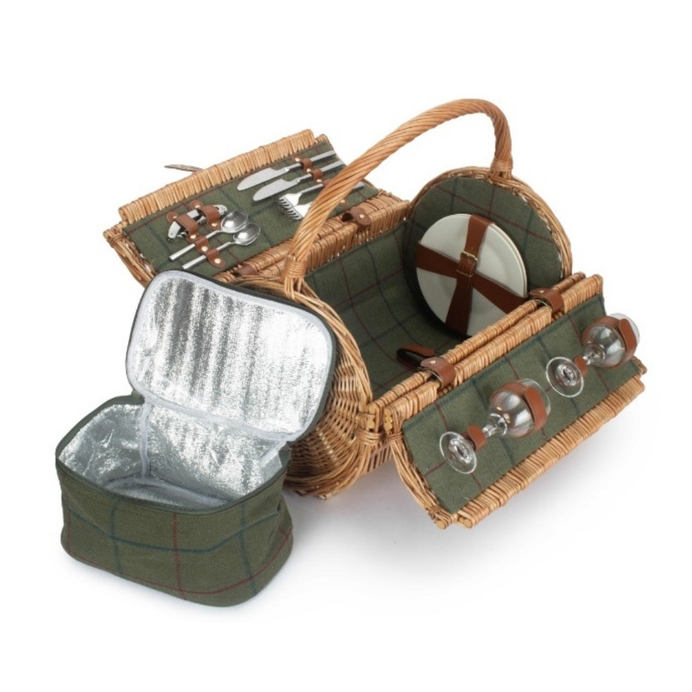 Two person green tweed wicker picnic basket fully fitted open from another angle showing accessories
