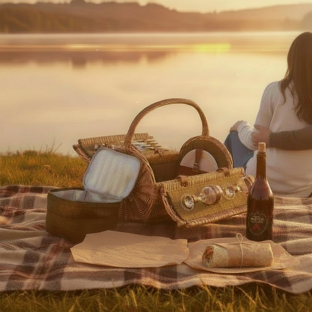 Two person green tweed wicker picnic basket fully fitted on picnic blanket with couple enjoying lake view at sunset

