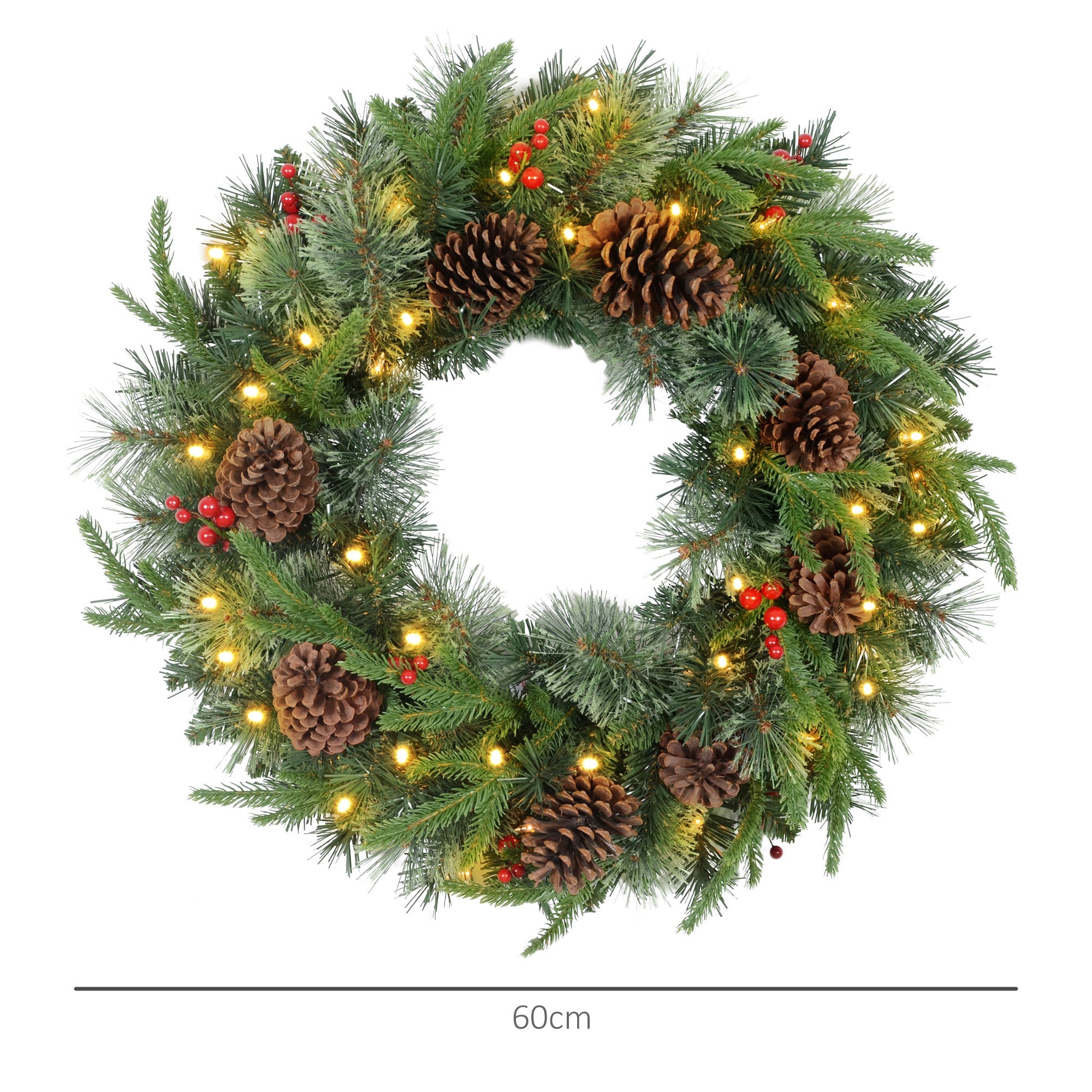 Close-up of 60-inch winter wreath with pinecones, berries & warm LED lights — lifelike green branches and visible depth for festive scale and styling.