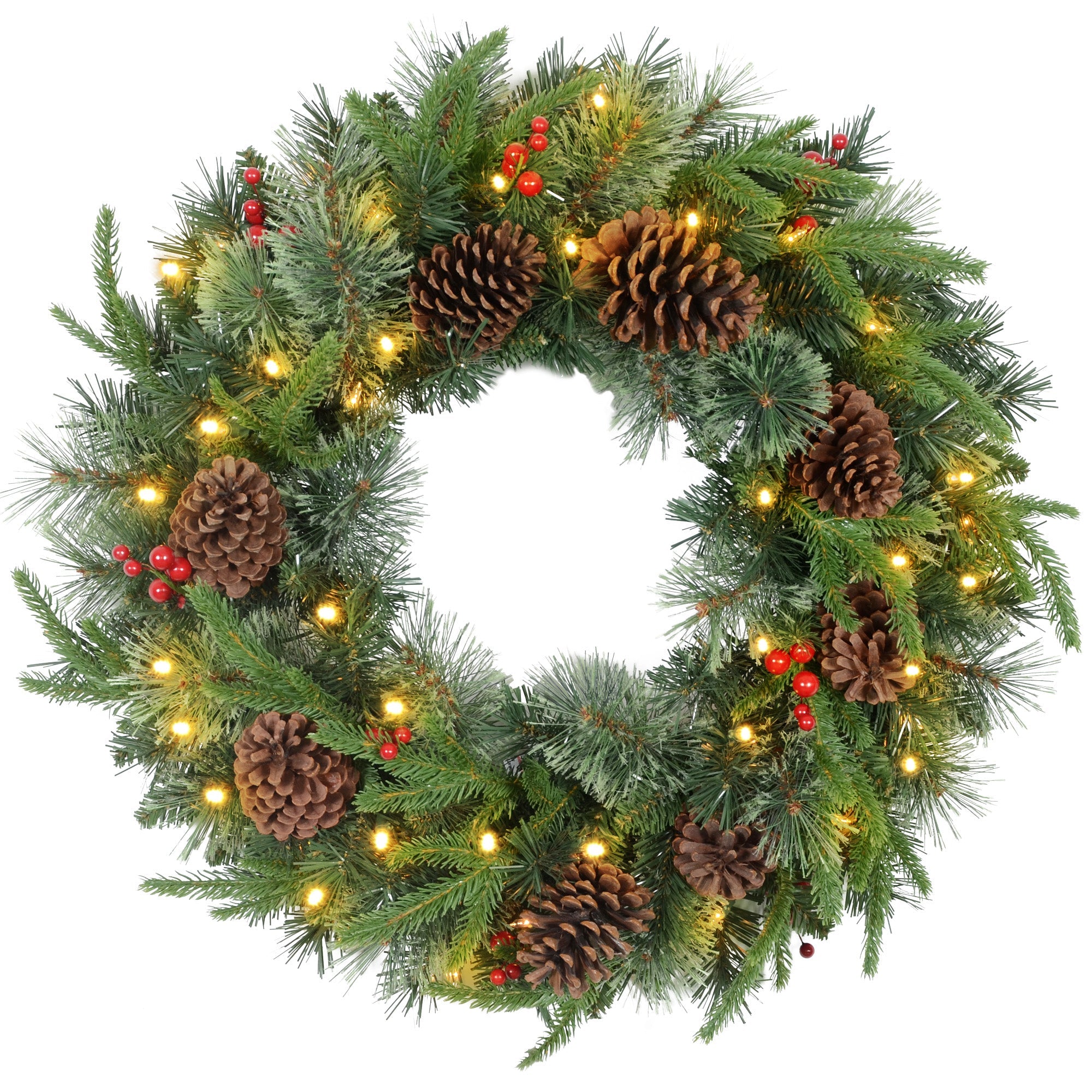 60-inch green winter wreath with lifelike flame-retardant branches, pinecones, red berries, and warm white LED lights — festive, rustic, and ready to hang.