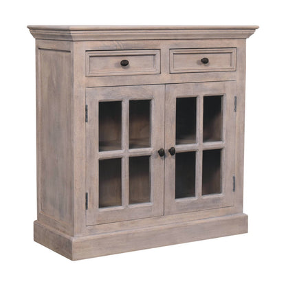 Alternate side view of The Alnwick Glazier’s Cabinet — highlighting stone finish woodwork, glazed door depth, and elegant silhouette for timeless interior styling and soulful storage.