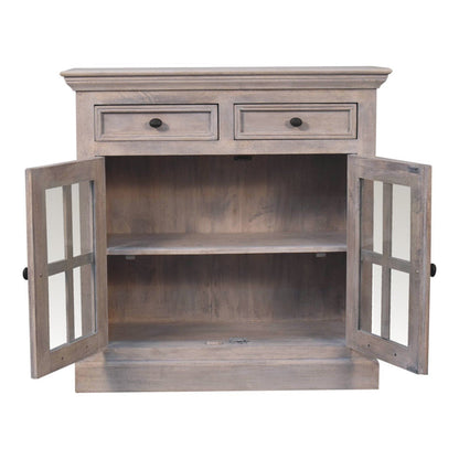 Interior view of The Alnwick Glazier’s Cabinet — showing glazed upper compartments, adjustable shelving, and lower cupboard space in stone finish wood for timeless display and soulful storage.