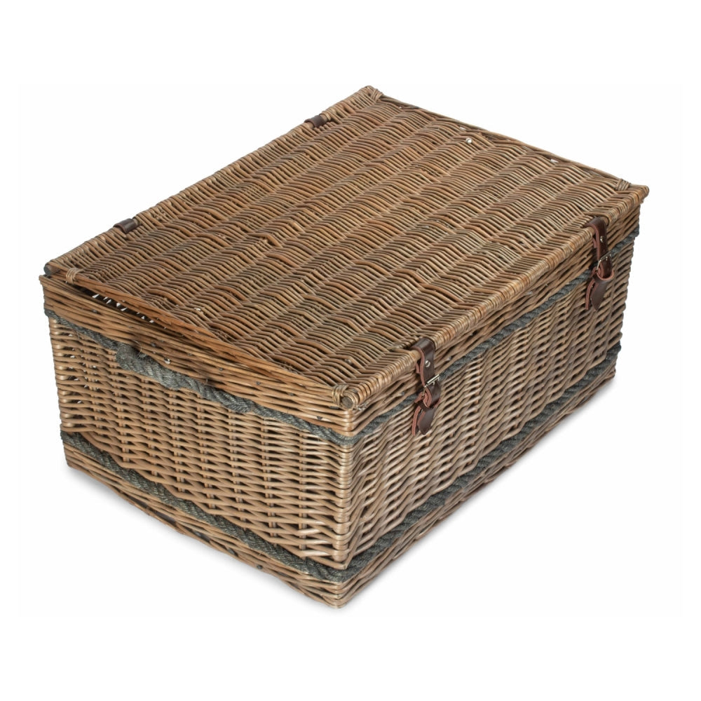 Antique wash willow basket 72cm with lid closed, leather rope handles, unlined on plain background