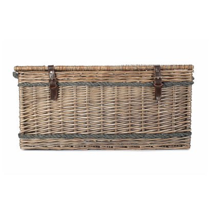 Antique wash willow basket 72cm with lid closed, leather rope handles and straps, unlined on a plain background