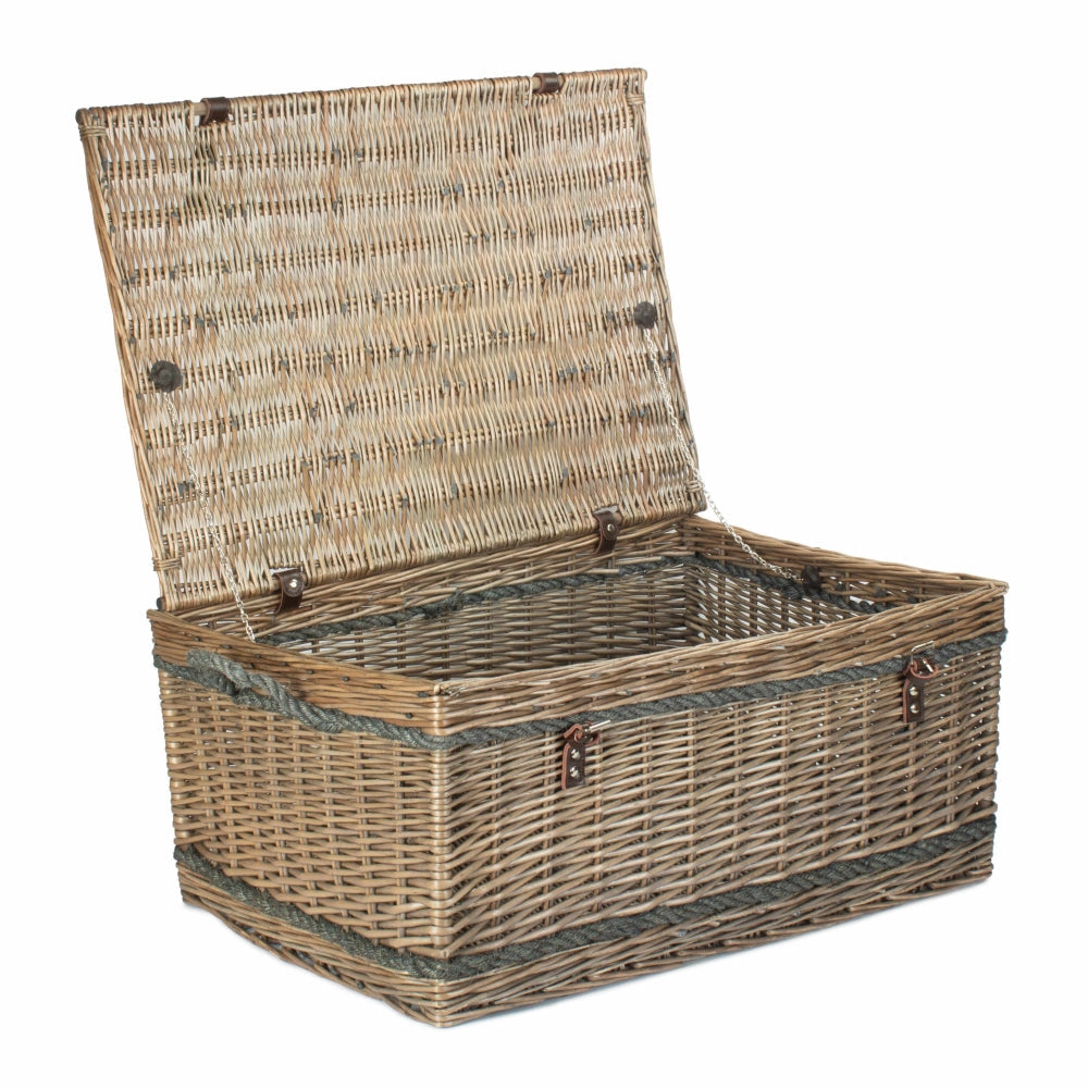 Large antique wash willow basket with leather rope handles, 72cm, unlined on plain background