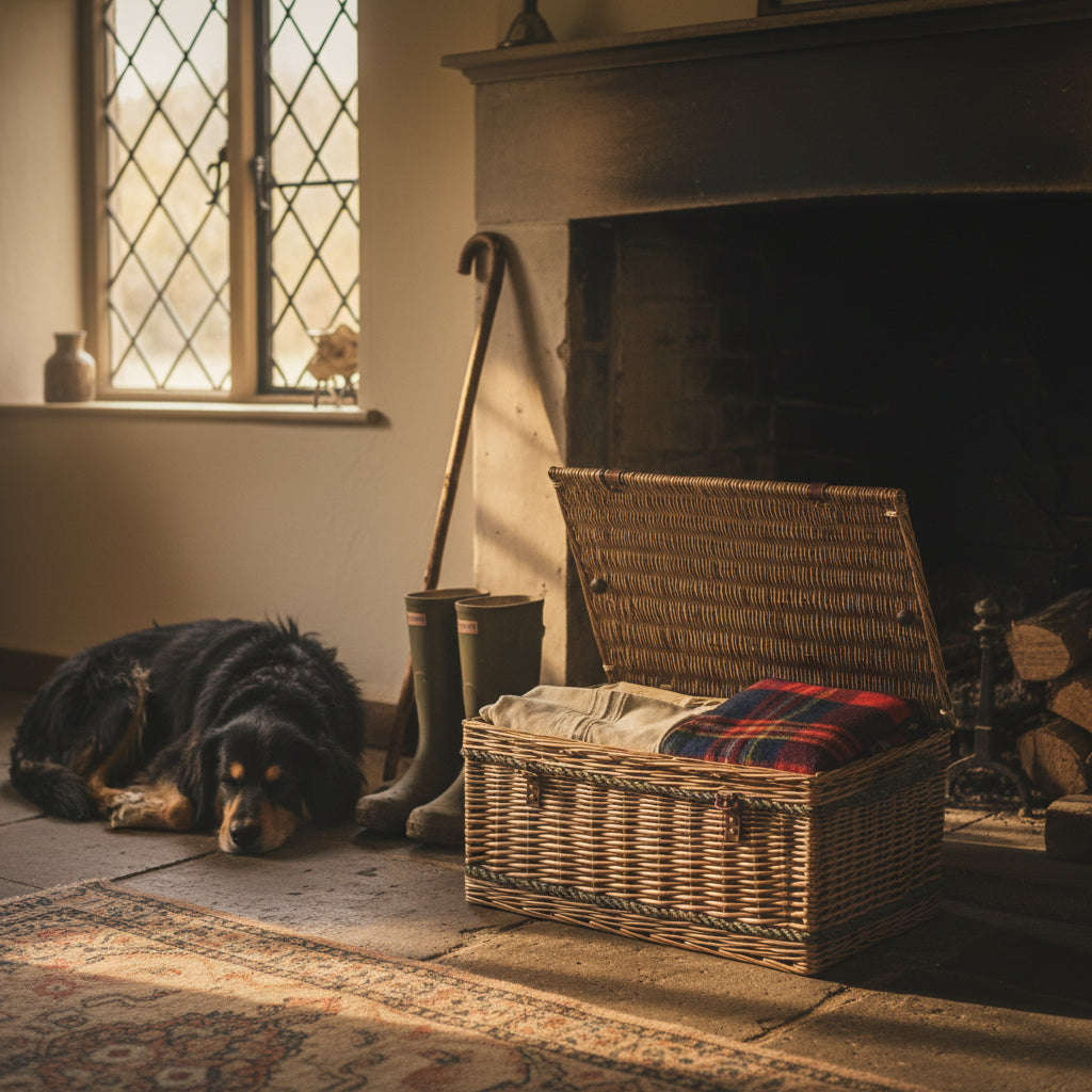 Antique wash willow picnic basket 72cm in lifestyle setting with blankets, wellies and dog in bootroom