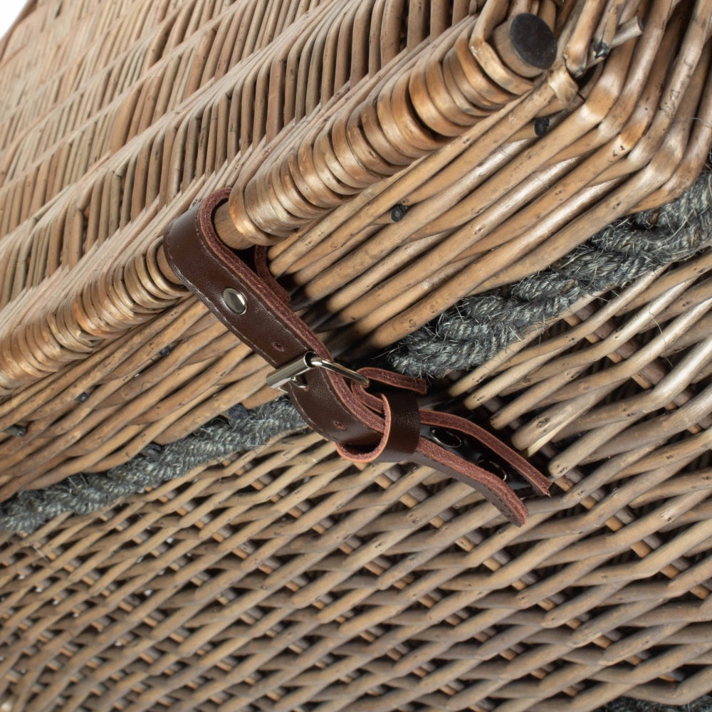 Antique wash willow basket 72cm close view of leather rope handles and fastening straps, unlined