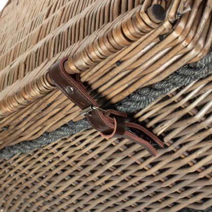 Antique wash willow basket 72cm close view of leather rope handles and fastening straps, unlined