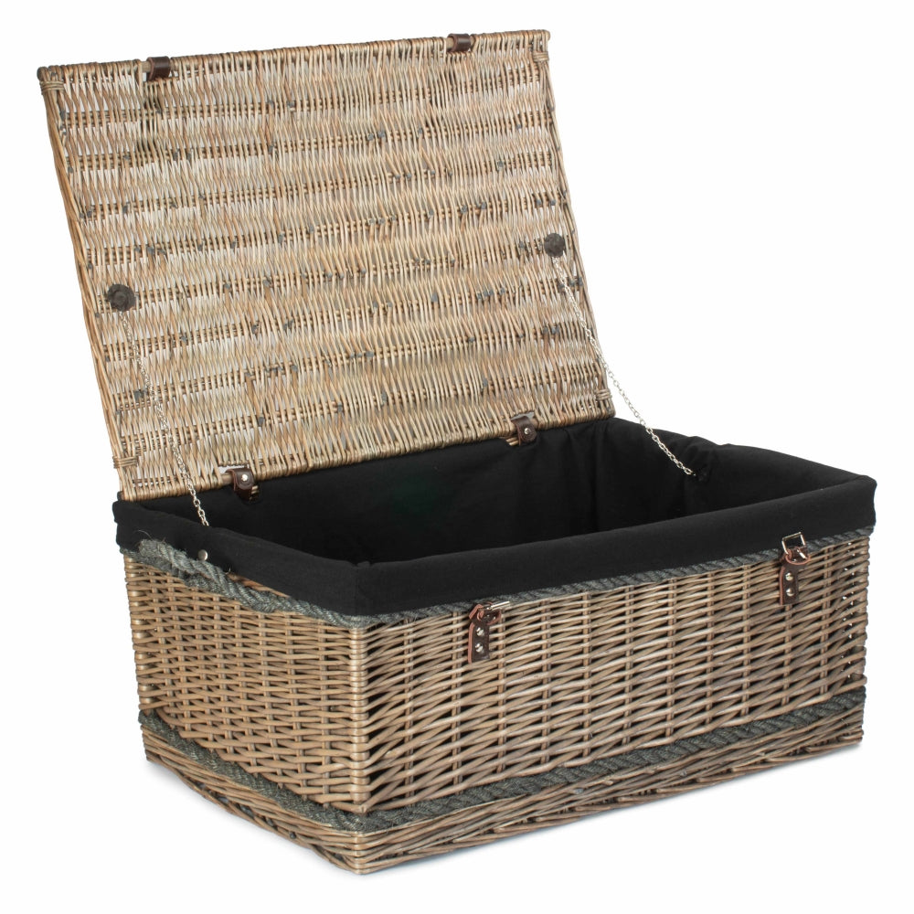 Antique wash willow basket 72cm with lid closed, leather rope handles and black cotton lining