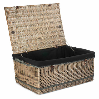 Antique wash willow basket 72cm with lid closed, leather rope handles and black cotton lining